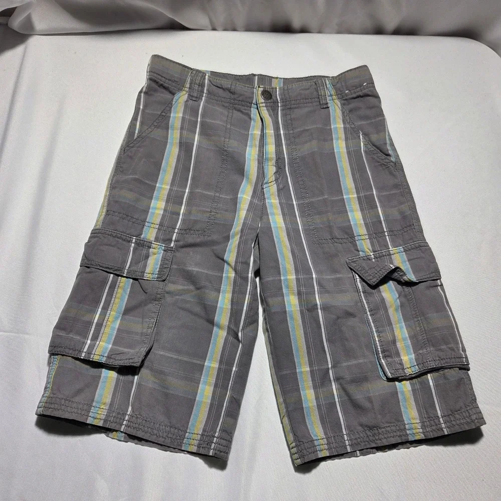 Gymboree Boys Grey Plaid Cargo Shorts‎ Size 12 Cotton Multi Pocket Casual
